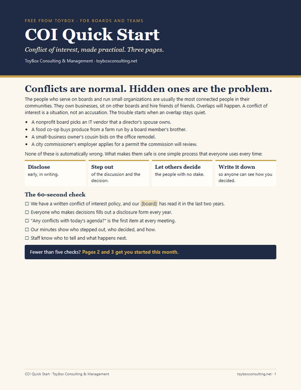 Page 1 of the COI Quick Start: Conflicts are normal. Hidden ones are the problem.