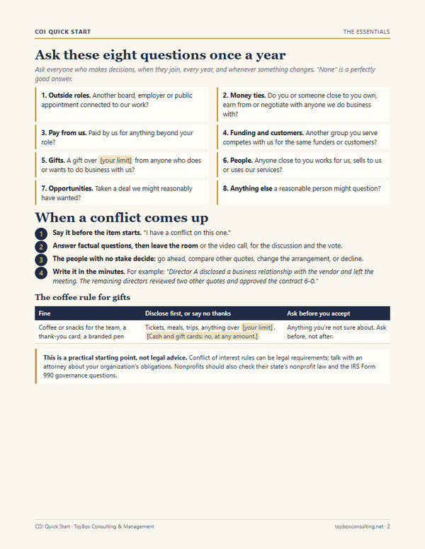 Page 2 of the COI Quick Start: Ask these eight questions once a year.